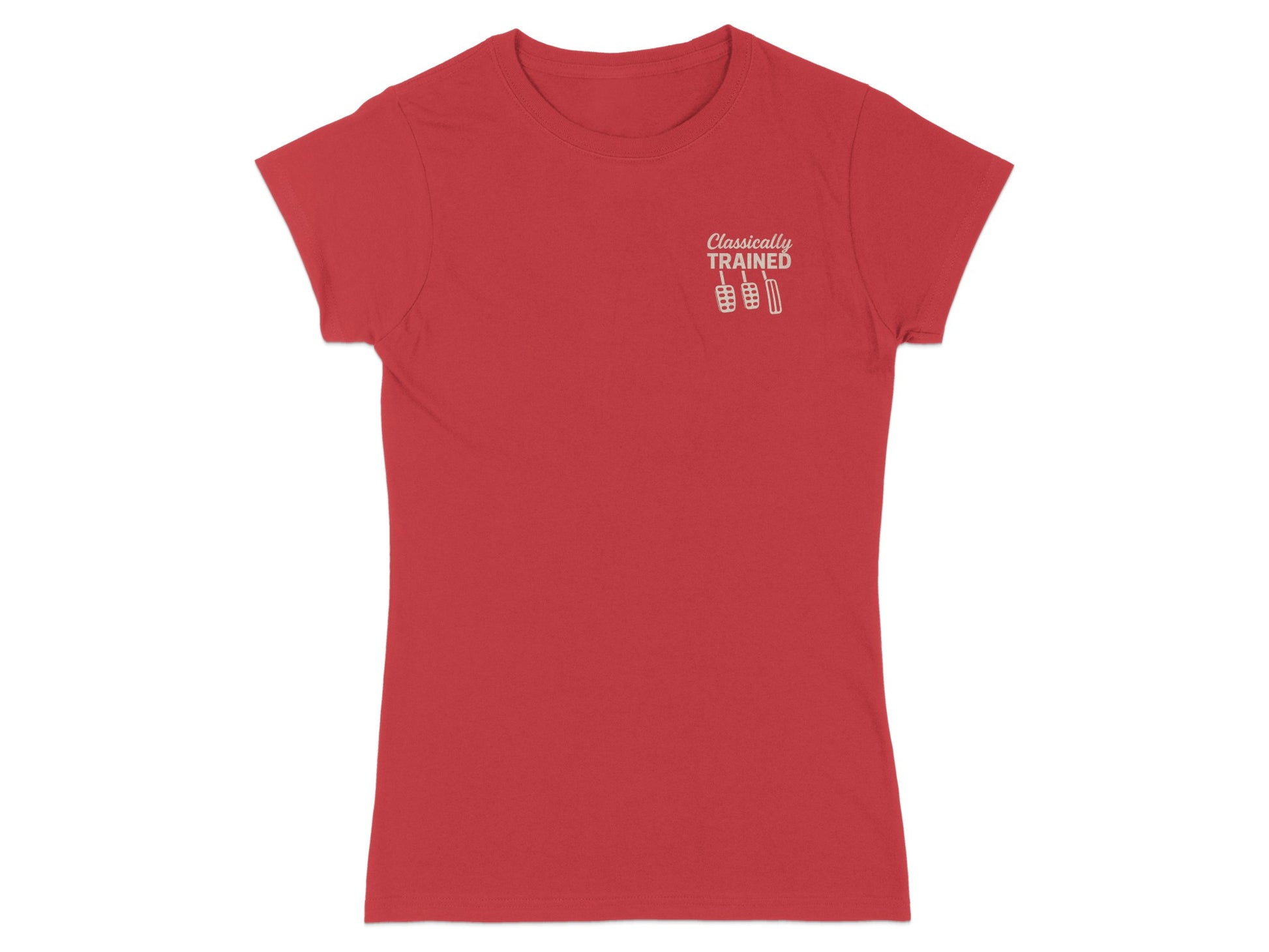 Red t-shirt with "Classically TRAINED" text and pedal graphic.