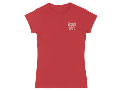 Red t-shirt with "Classically TRAINED" text and pedal graphic.