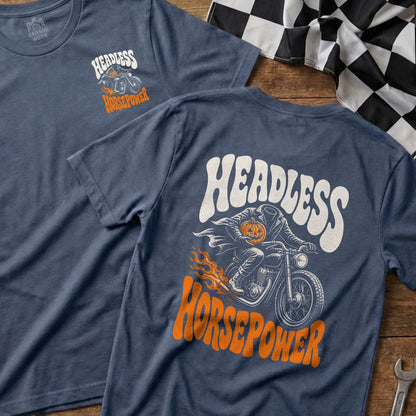 T-shirt with headless pumpkin rider on motorcycle and "Headless Horsepower" text.