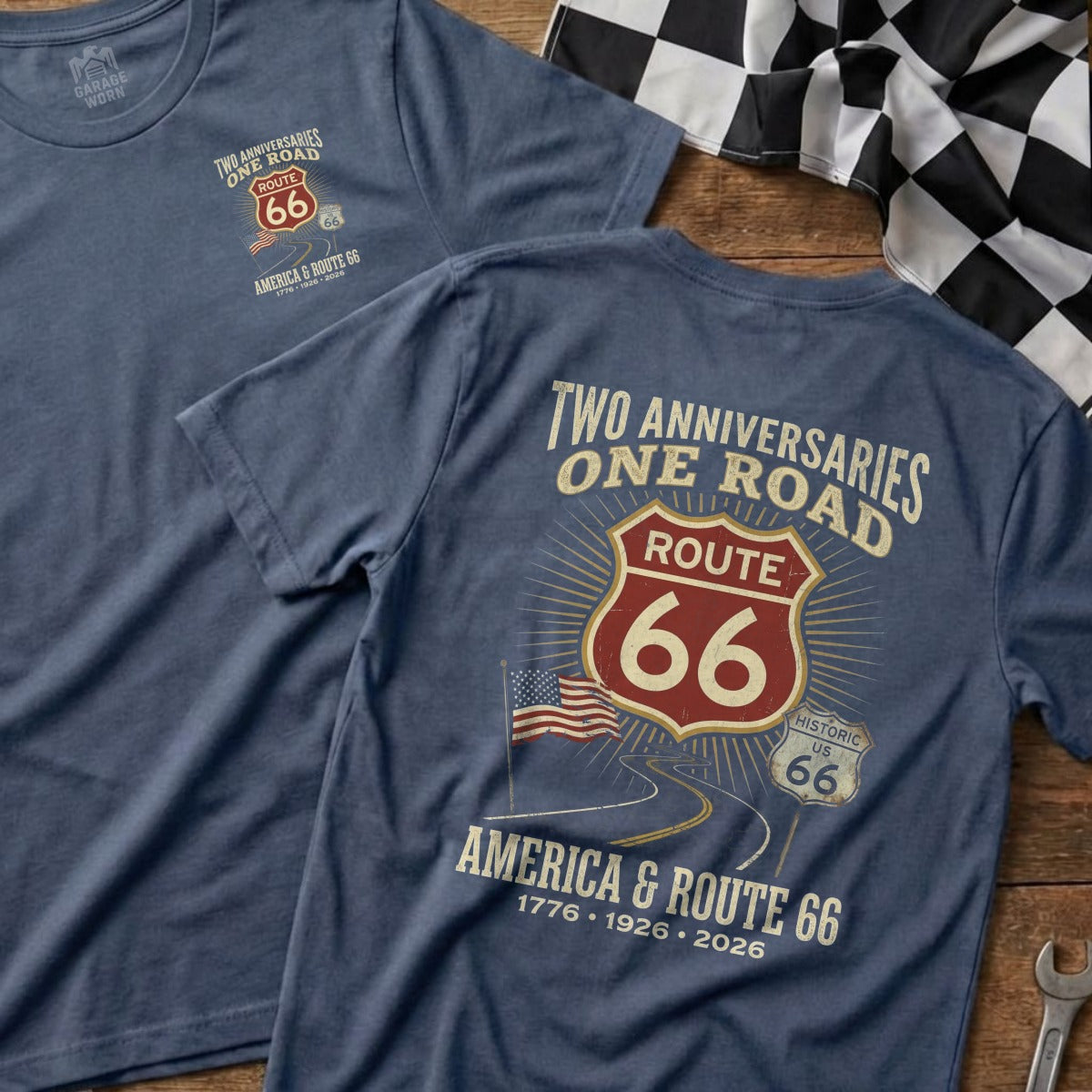 Blue t-shirts featuring Route 66 anniversary graphic with USA flag and text.
