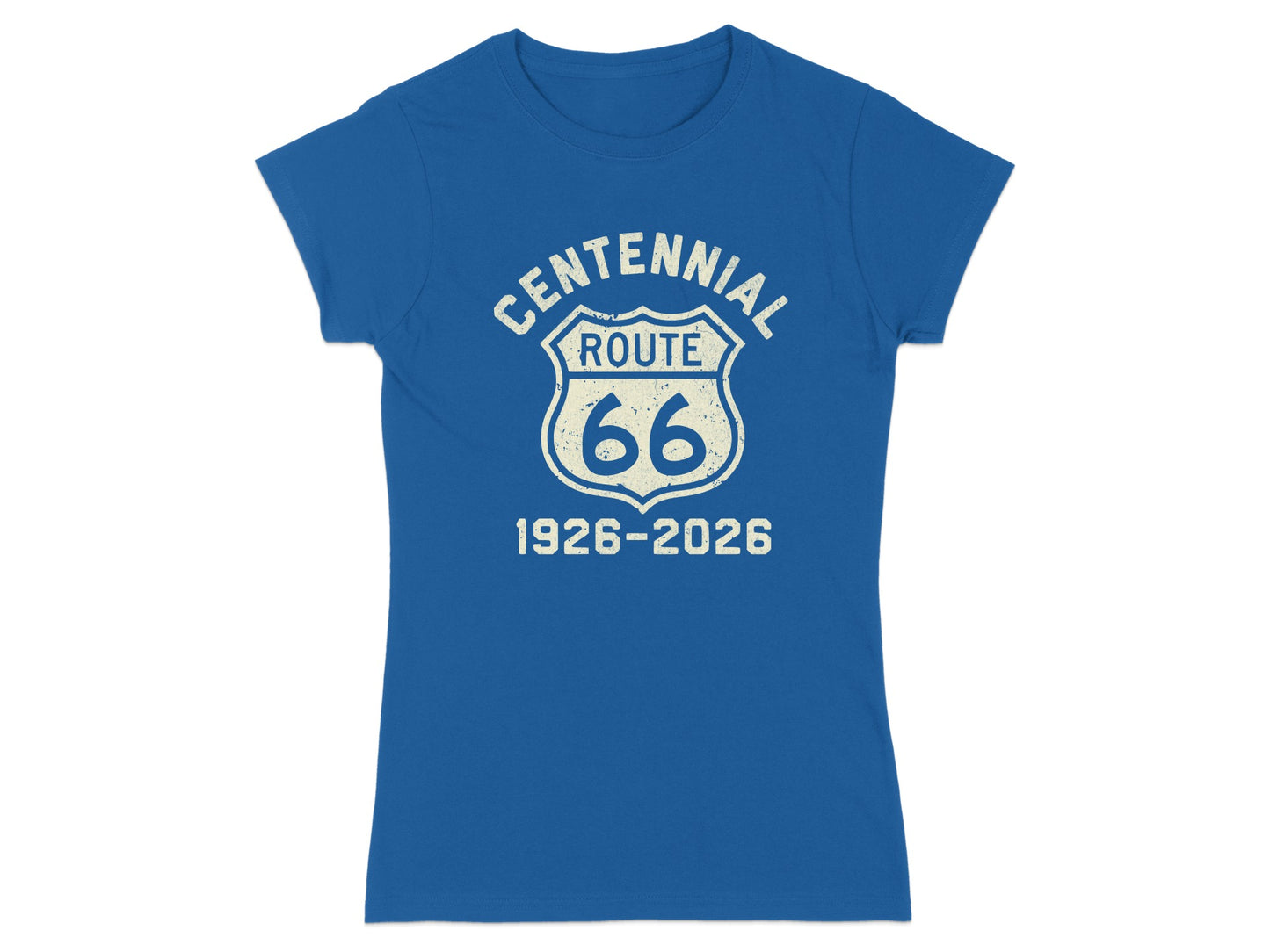 Blue t-shirt with Route 66 Centennial 1926-2026 graphic.