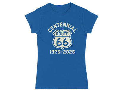 Blue t-shirt with Route 66 Centennial 1926-2026 graphic.
