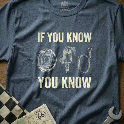 T-shirt with "If You Know You Know" and illustrations of car parts.