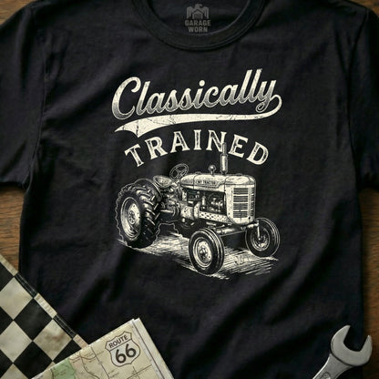 Black t-shirt with "Classically TRAINED" text and vintage tractor graphic.