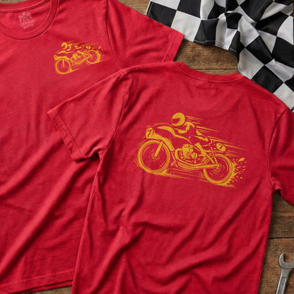 Red t-shirts with yellow graphic of a vintage motorcycle racer.