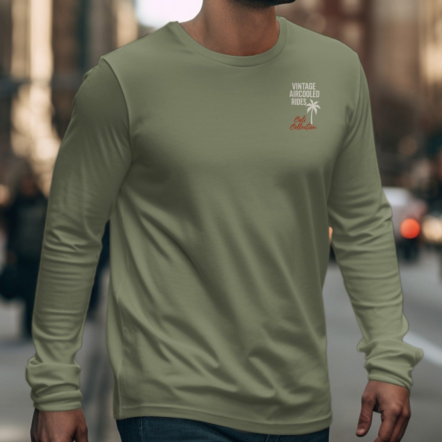 Olive long sleeve shirt with "Vintage Aircooled Rides Cali Collection" logo.