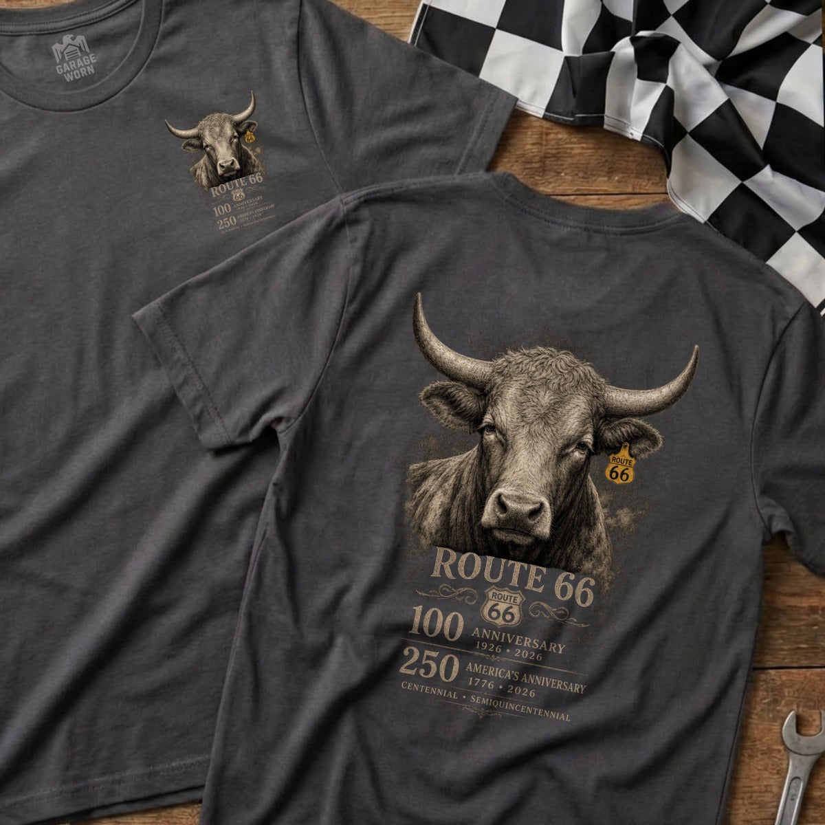 Dark grey t-shirt with a bull graphic and Route 66 anniversary text.