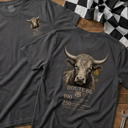 Dark grey t-shirt with a bull graphic and Route 66 anniversary text.