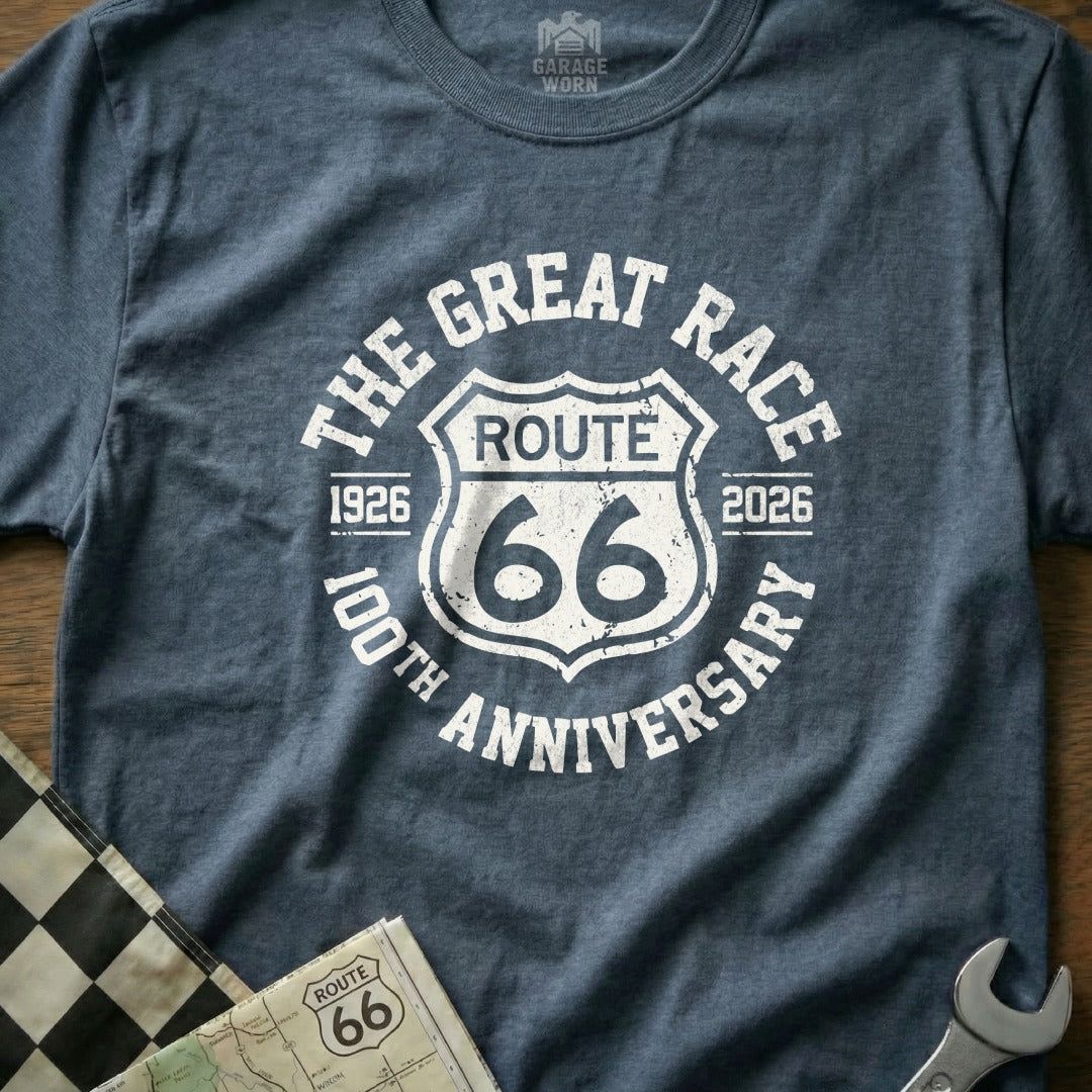T-shirt with "The Great Race Route 66 100th Anniversary" text and shield.