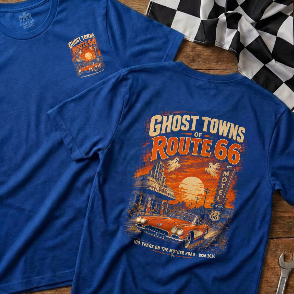 T-shirt with "Ghost Towns of Route 66" graphic, vintage car, and sunset.