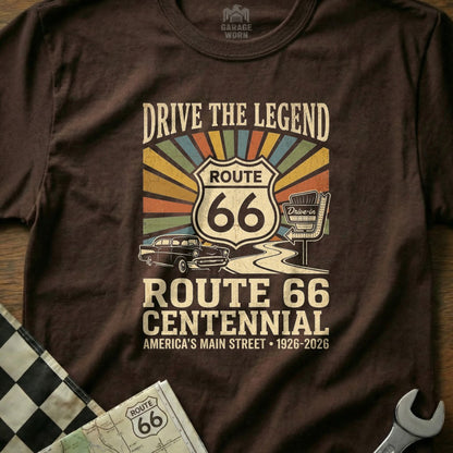 Brown t-shirt with Route 66 Centennial graphic and car.