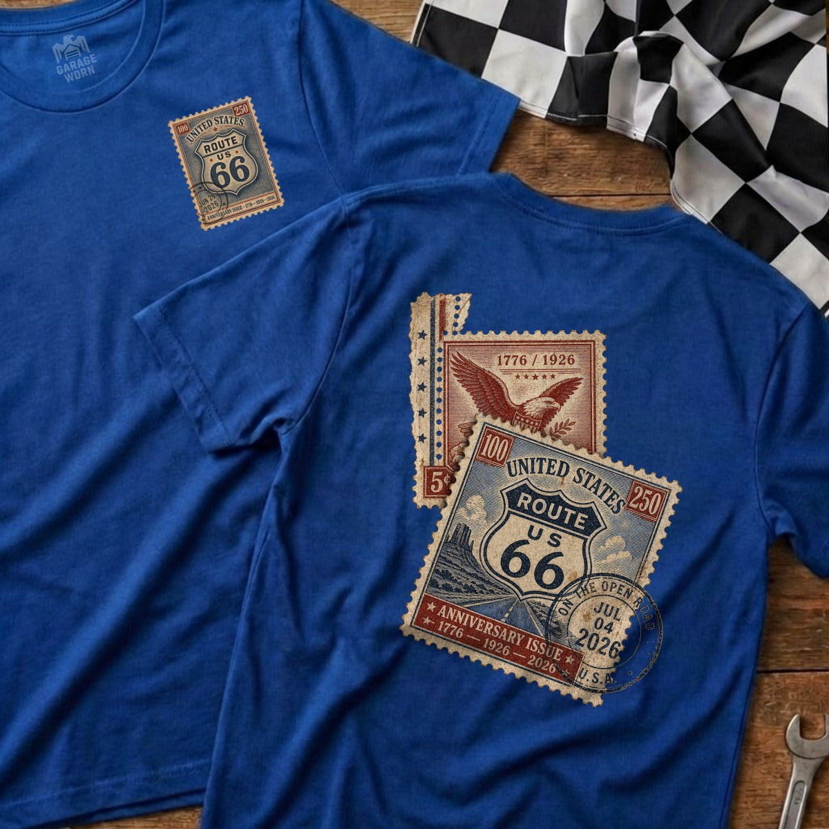 Blue t-shirts feature Route 66 anniversary stamp graphic with dates.