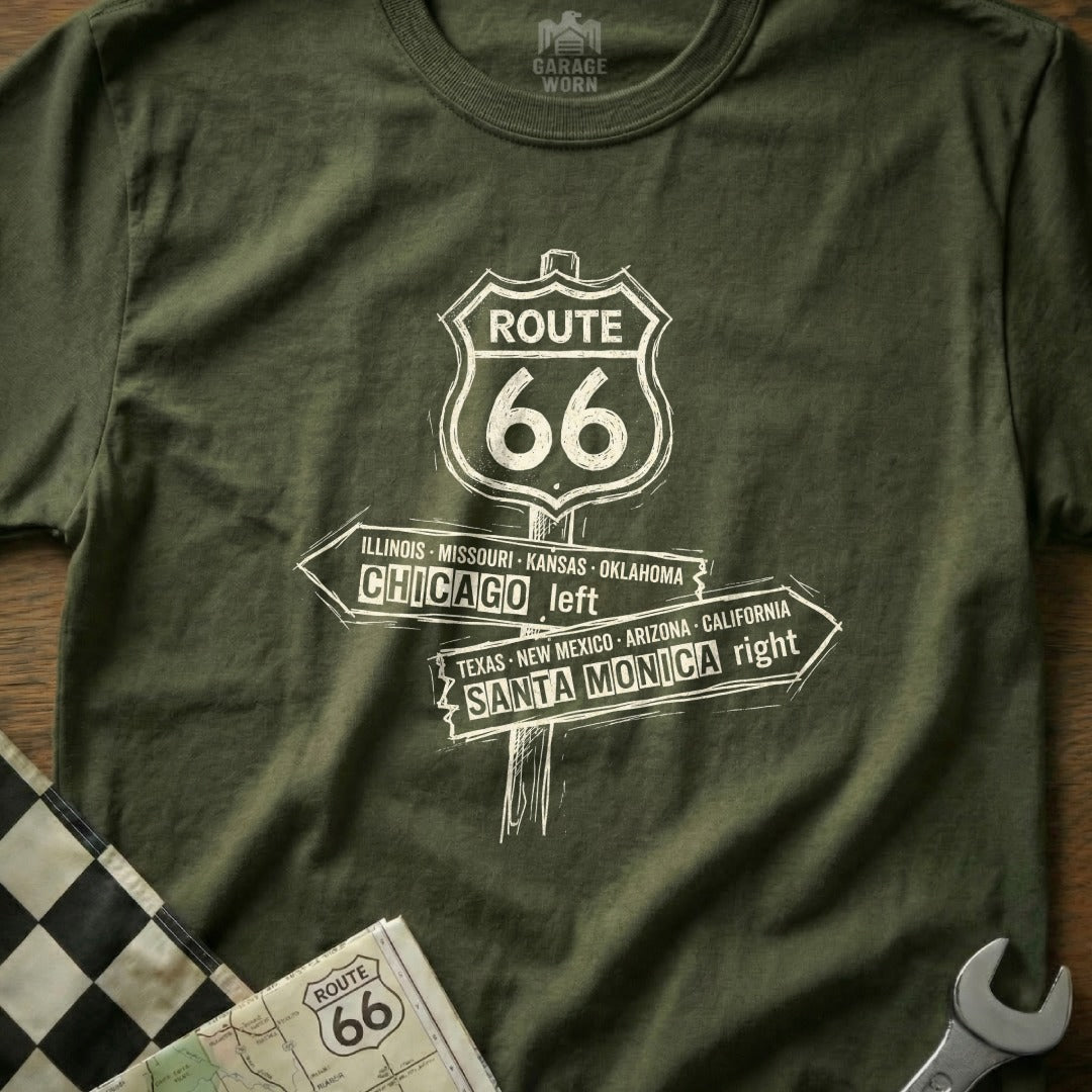 Olive green t-shirt with white Route 66 sign and directional text.