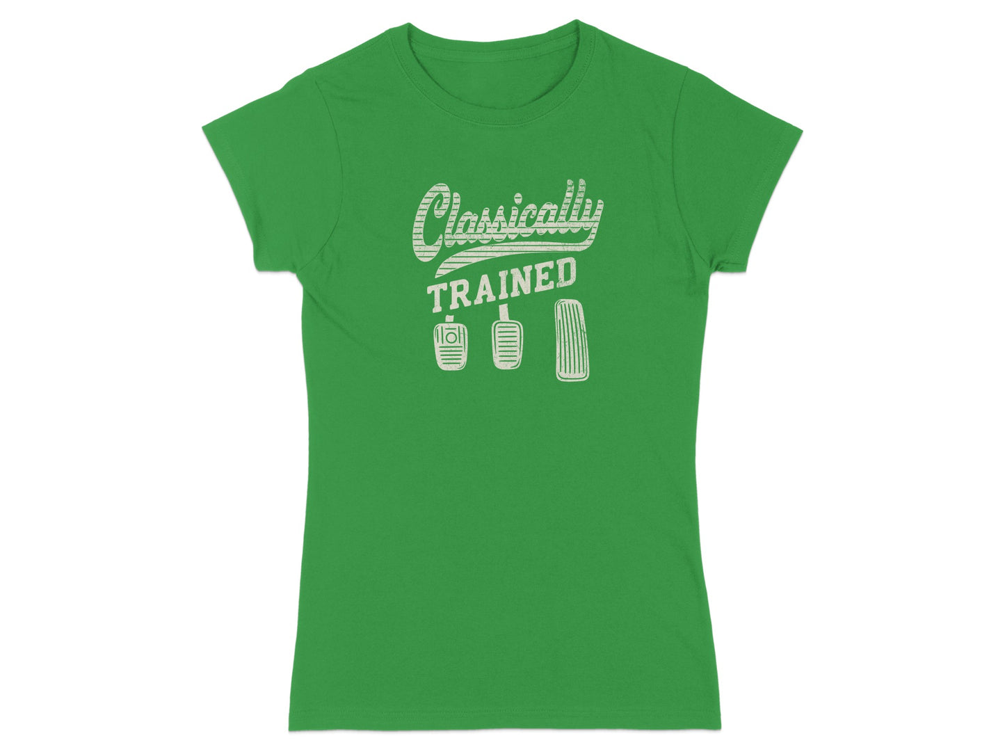 Green t-shirt with "Classically Trained" text and pedal icons.