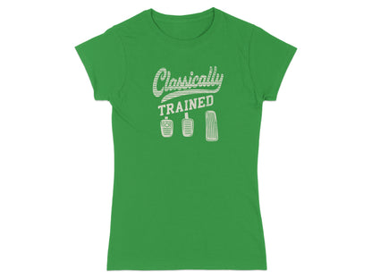 Green t-shirt with "Classically Trained" text and pedal icons.