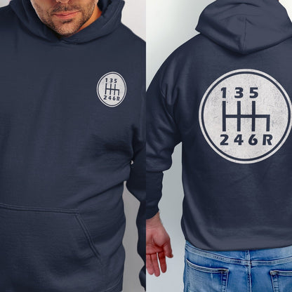Navy hoodie with a circular 6-speed manual gear shift pattern graphic.