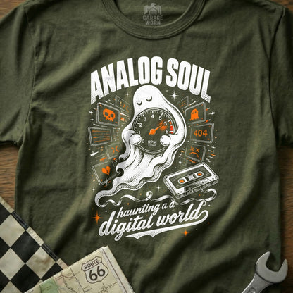 Ghost with tachometer and cassette tape on shirt, "Analog Soul" and "haunting a digital world."
