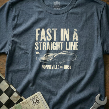 T-shirt with "Fast in a Straight Line" and Bonneville car graphic.