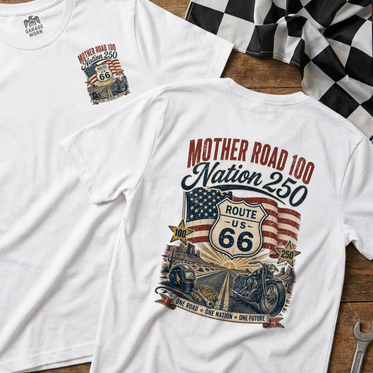 White t-shirt with "Mother Road 100 Nation 250" graphic and Route 66 emblem.