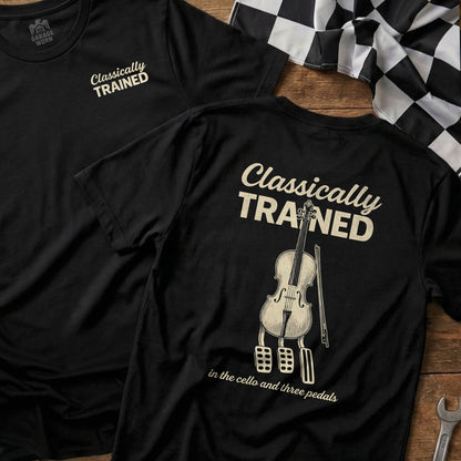 Black t-shirt with a violin and three pedals graphic and "Classically Trained" text.