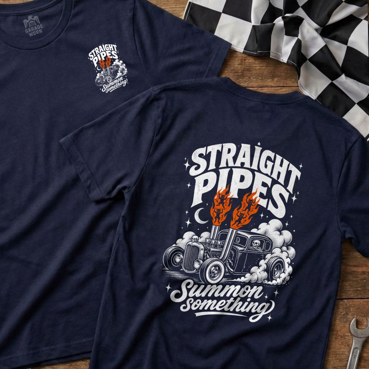 Navy t-shirt with "Straight Pipes Summon Something" text and hot rod graphic.