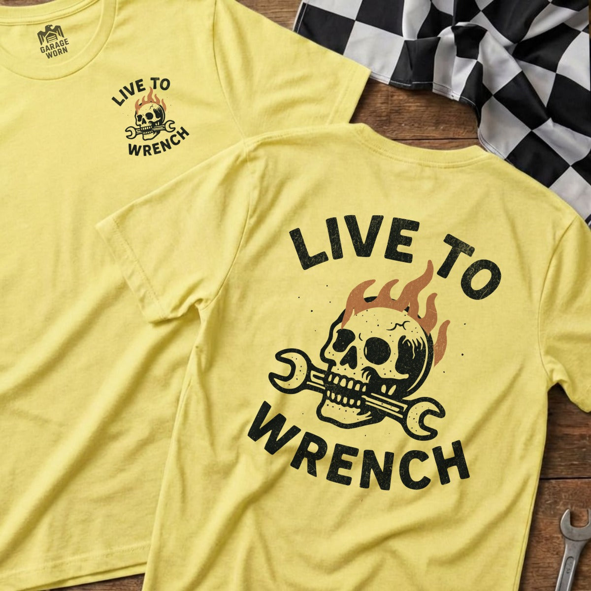 Live to Wrench Skull and Wrench Graphic T-Shirt