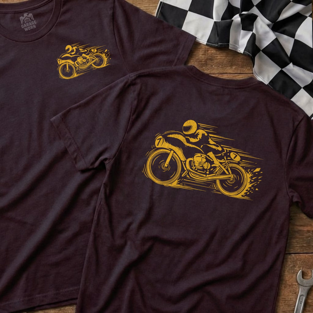 Two t-shirts with yellow motorcycle graphics, one front view, one back.