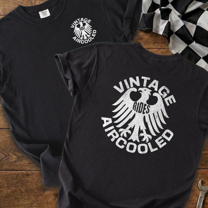 Black t-shirt with white graphic of a bird and text "Vintage Rides Aircooled".