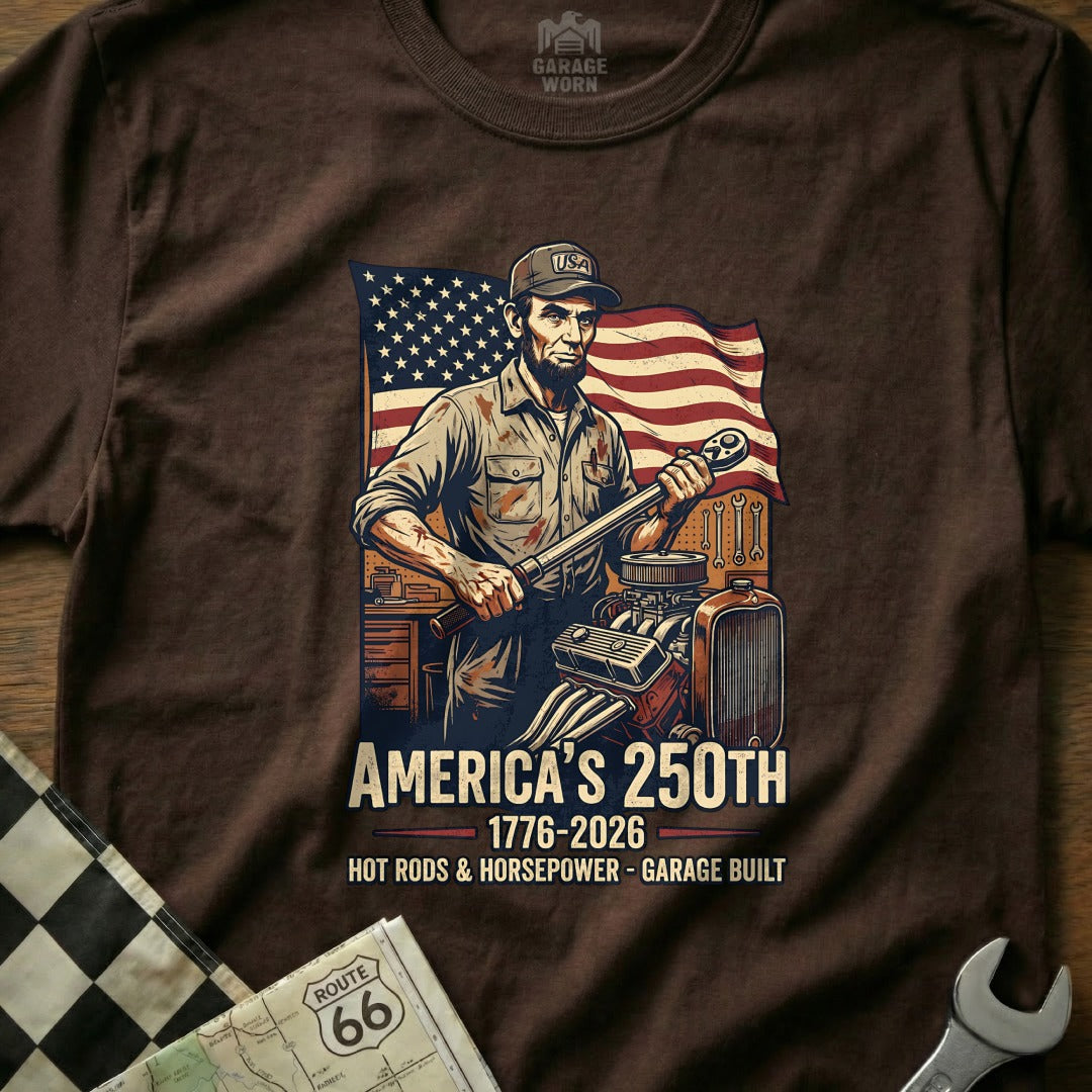 Abraham Lincoln holding a wrench, with American flag and engine.
