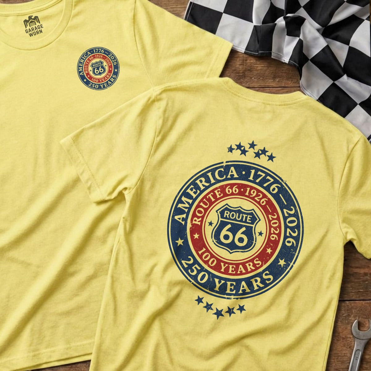 Yellow t-shirt with Route 66 anniversary logo and text.