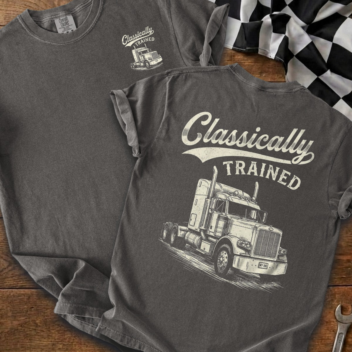 Charcoal t-shirt with "Classically TRAINED" and a drawing of a semi-truck.