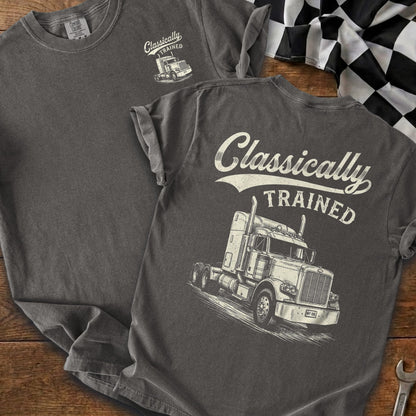 Charcoal t-shirt with "Classically TRAINED" and a drawing of a semi-truck.