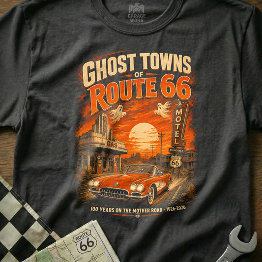 T-shirt graphic: Ghost Towns of Route 66 with vintage car, gas station, motel, and ghosts.