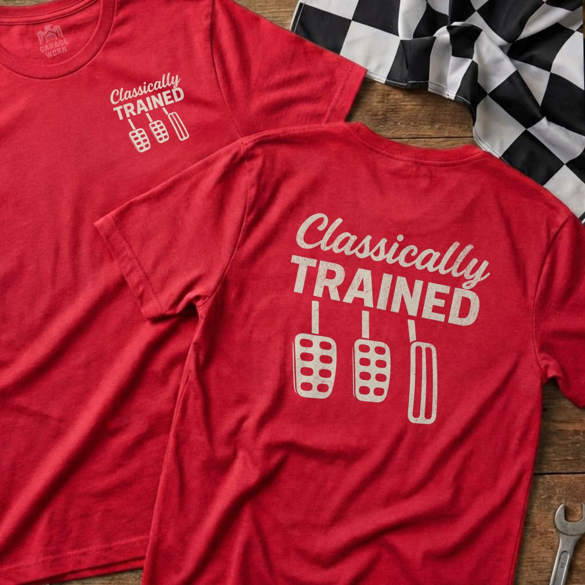 Red t-shirts with "Classically Trained" and pedal graphic.