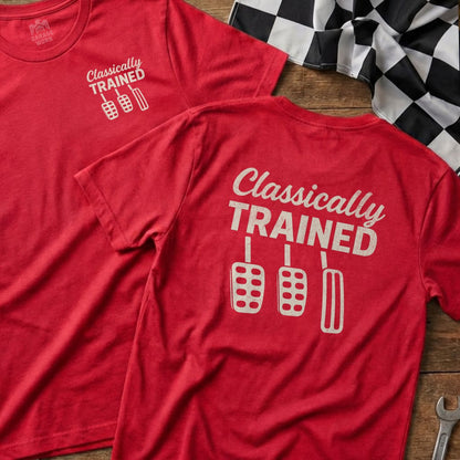 Red t-shirts with "Classically Trained" and pedal graphic.