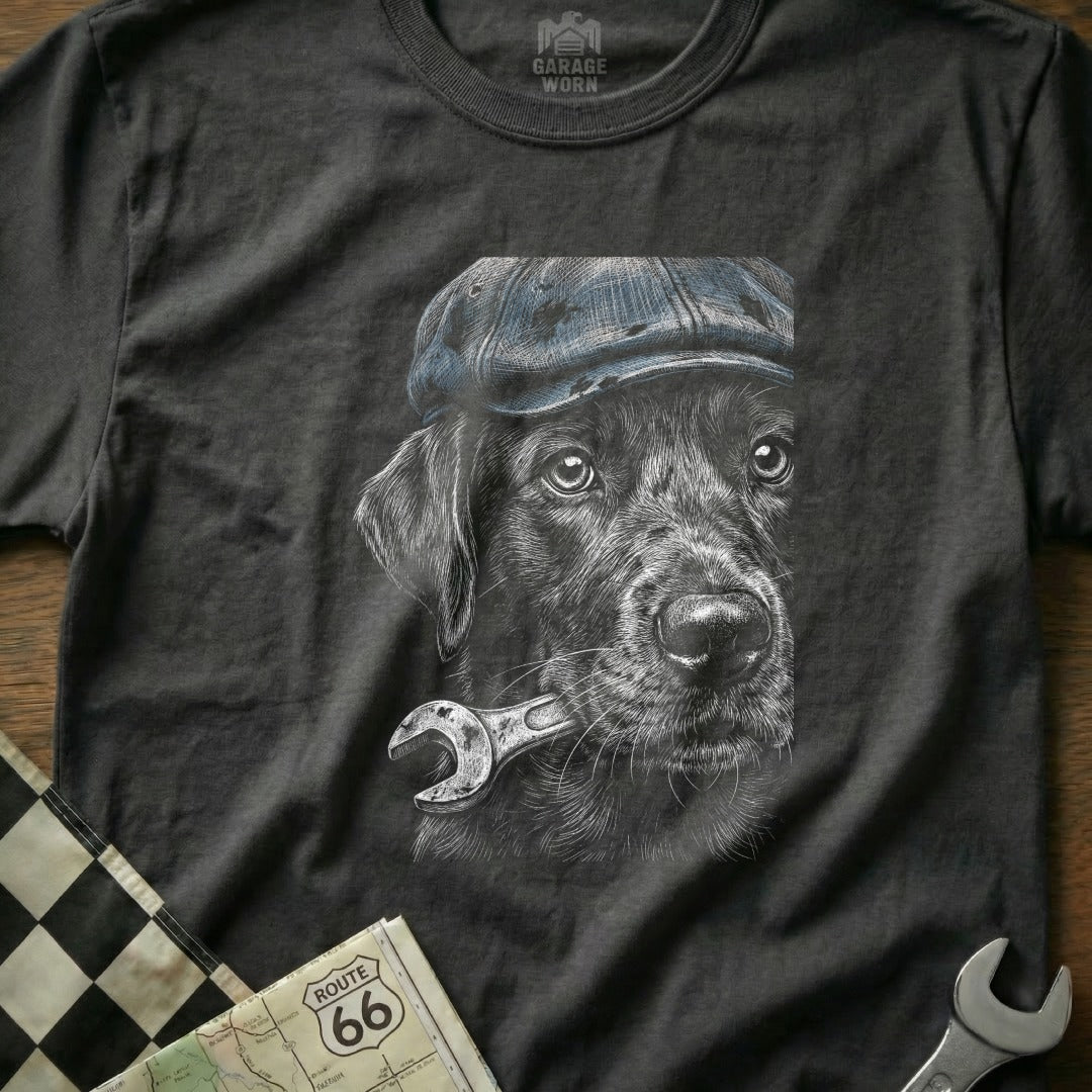 Black lab wearing a cap holds a wrench in its mouth.
