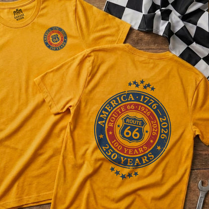 Yellow t-shirt with Route 66 100/250 Years logo on back and front.