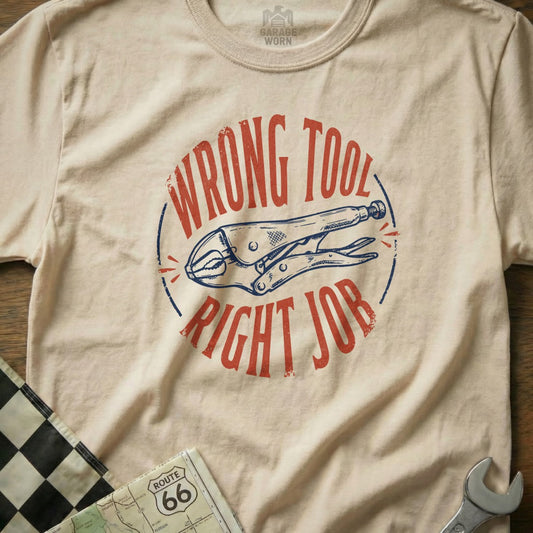 Cream t-shirt with "WRONG TOOL RIGHT JOB" and pliers graphic.