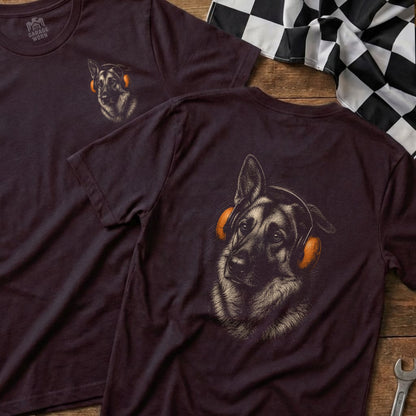 German Shepherd design with orange headphones on a dark t-shirt.