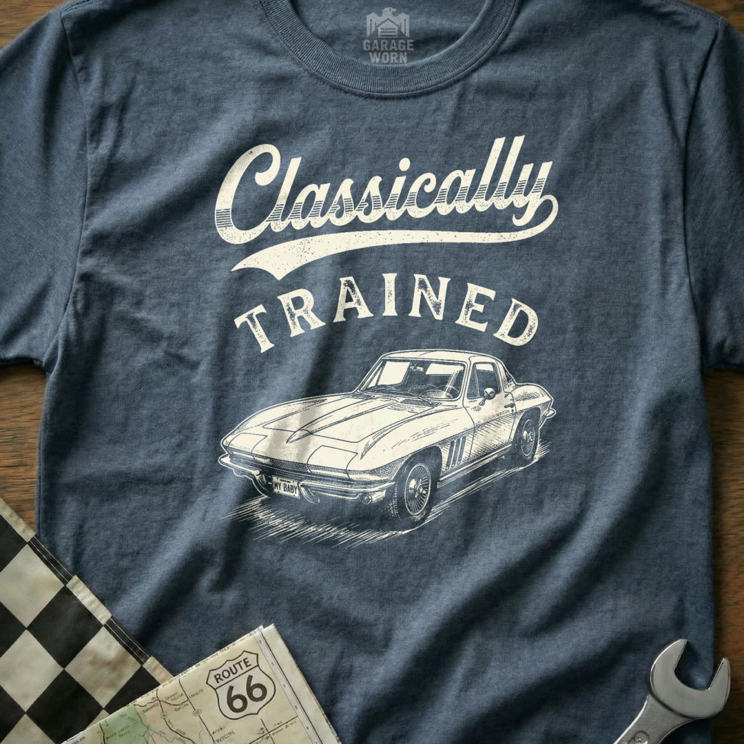 Blue t-shirt with "Classically Trained" text and illustration of a vintage Corvette.
