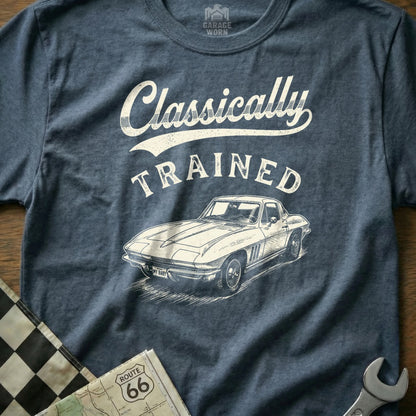 Blue t-shirt with "Classically Trained" text and illustration of a vintage Corvette.