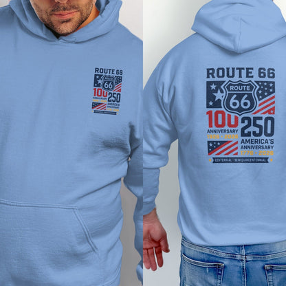 Light blue hoodie with Route 66 100th and 250th anniversary graphic.