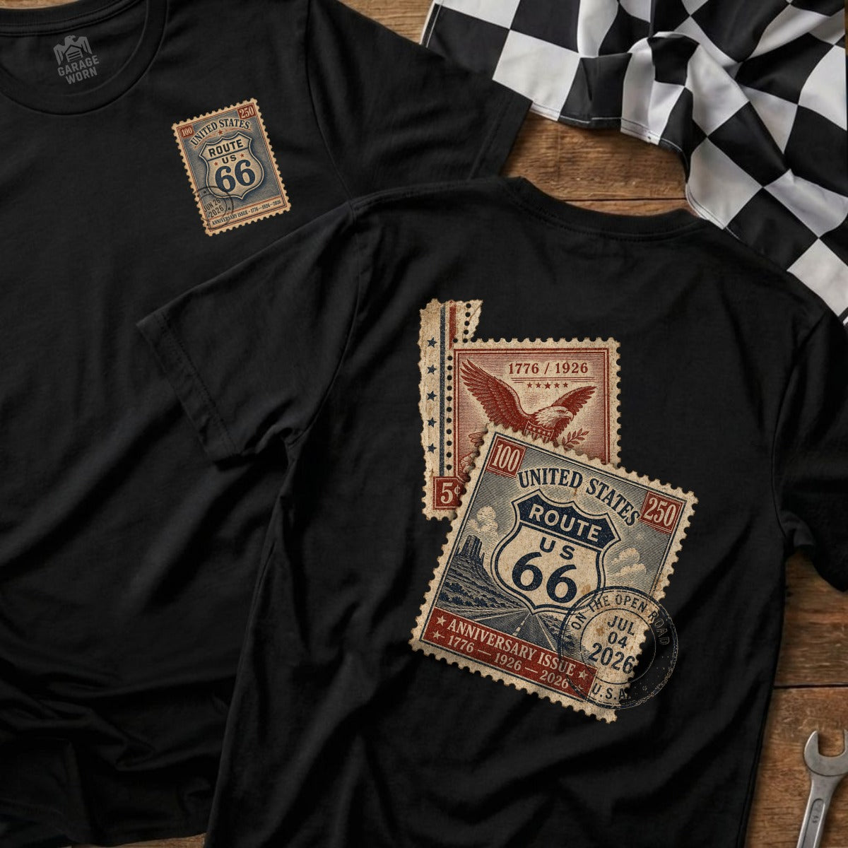 Black t-shirts with Route 66 stamp graphic, anniversary date prominent.