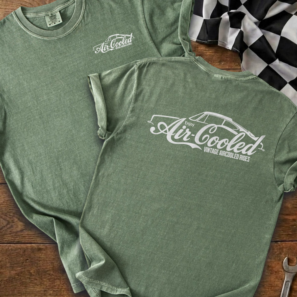 Green t-shirts with "Air-Cooled Vintage Aircooled Rides" text and car graphic.