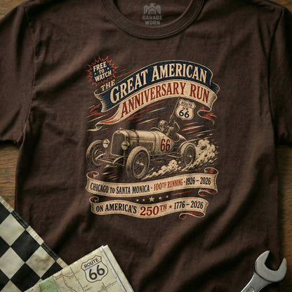 Great American Anniversary Run Route 66 t-shirt with vintage car and map.
