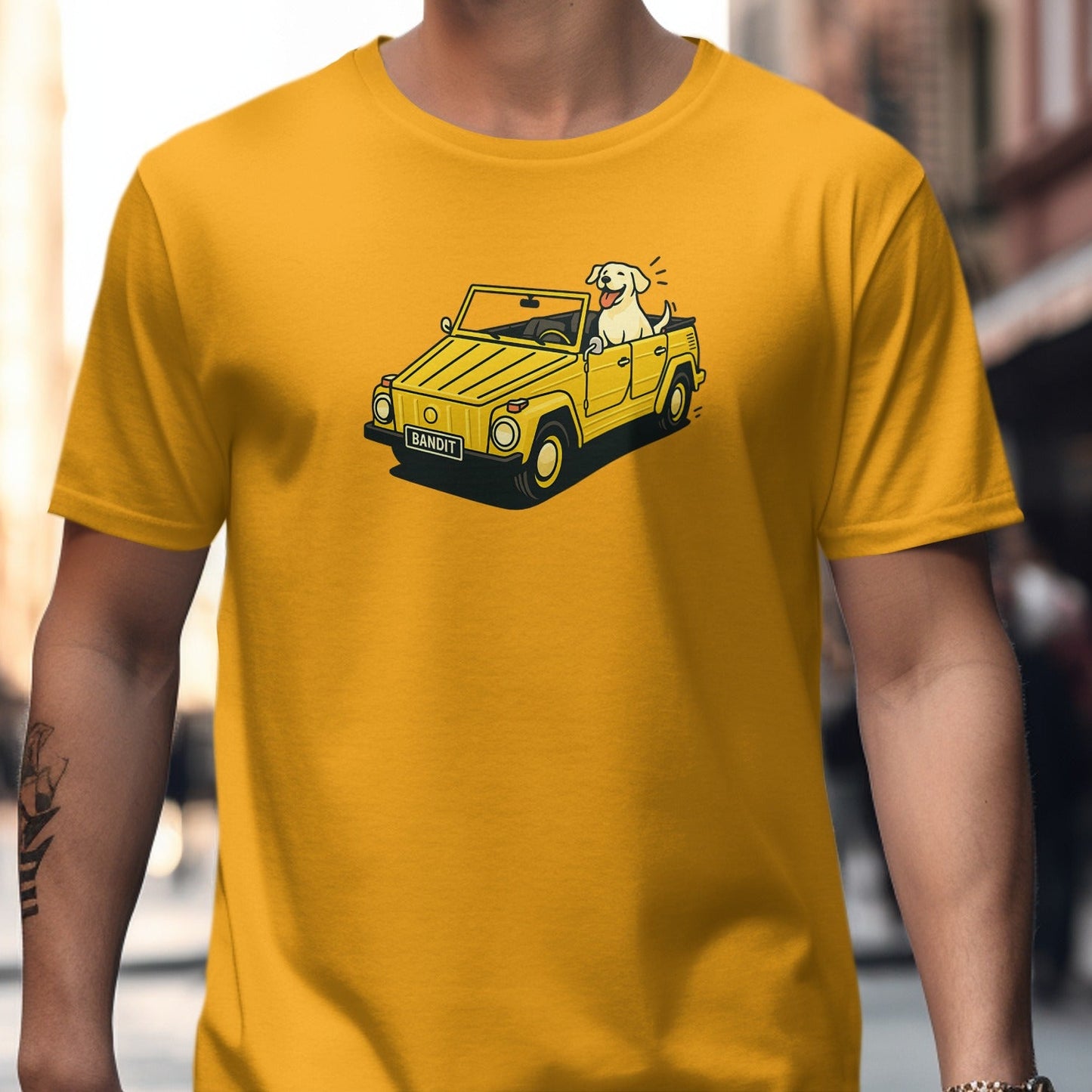 Cheerful Dog Driving Yellow Car Graphic Shirt product