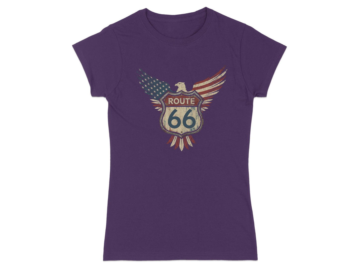 Purple t-shirt with distressed Route 66 logo featuring eagle and American flag.