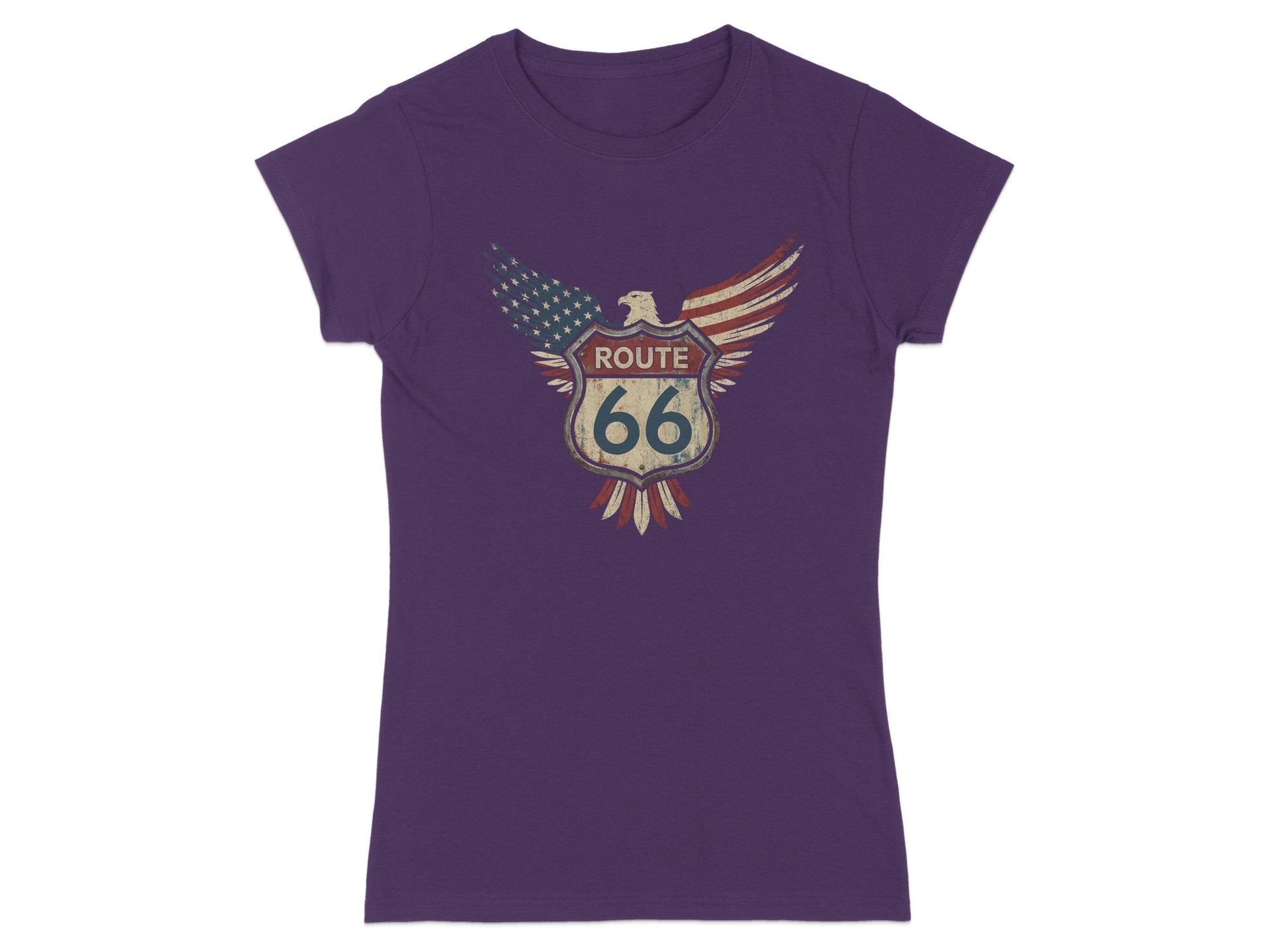 Purple t-shirt with distressed Route 66 logo featuring eagle and American flag.