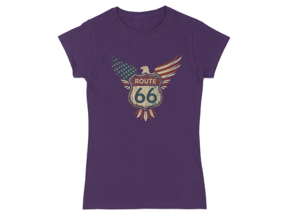 Purple t-shirt with distressed Route 66 logo featuring eagle and American flag.