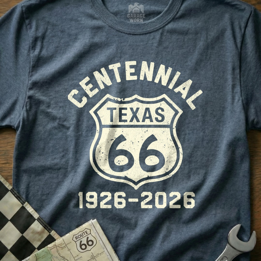 Blue t-shirt with "Centennial Texas 66 1926-2026" in distressed white text.
